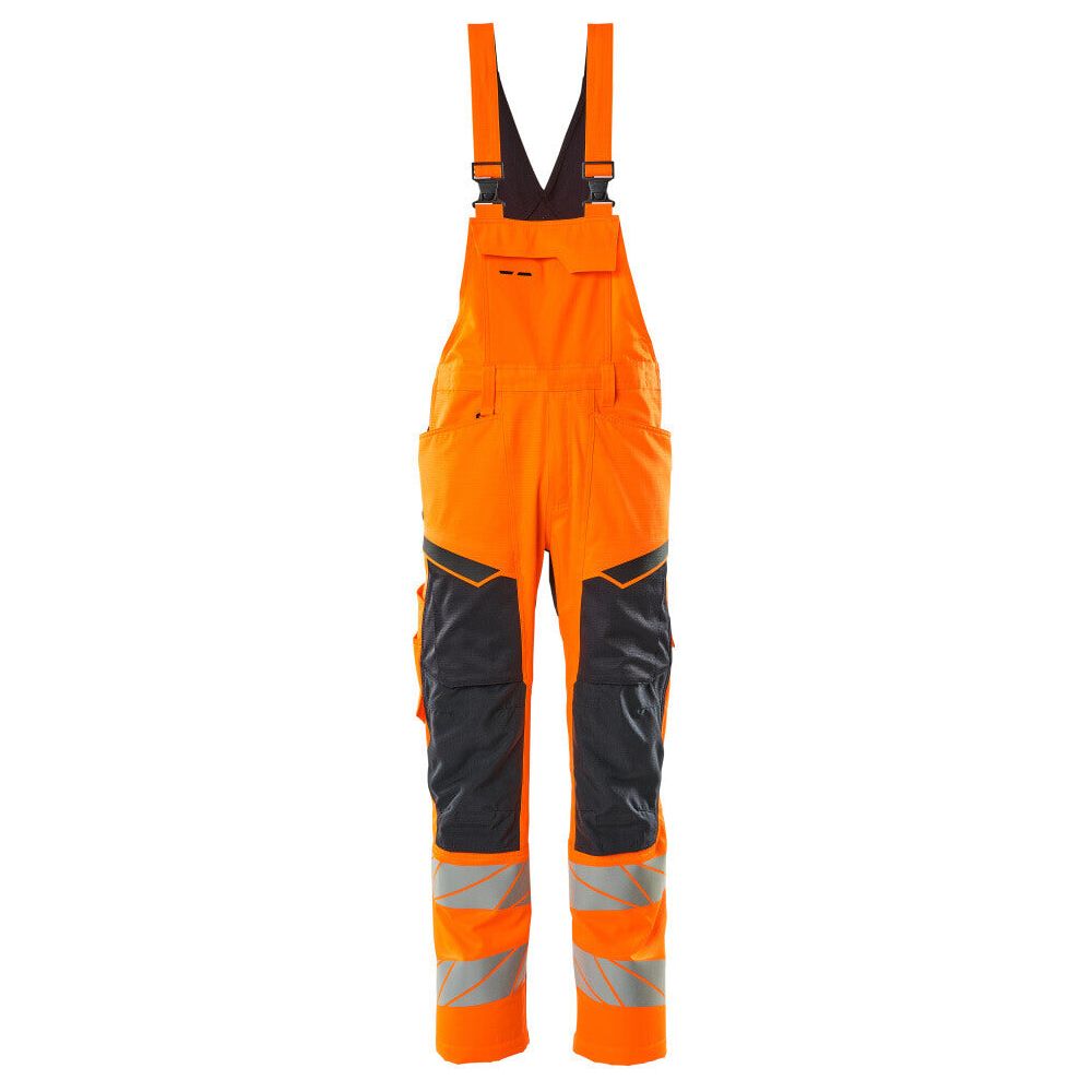 Mascot Hi-Vis Bib & Brace Kneepad Pockets Front #colour_hi-vis-orange-dark-navy-blue