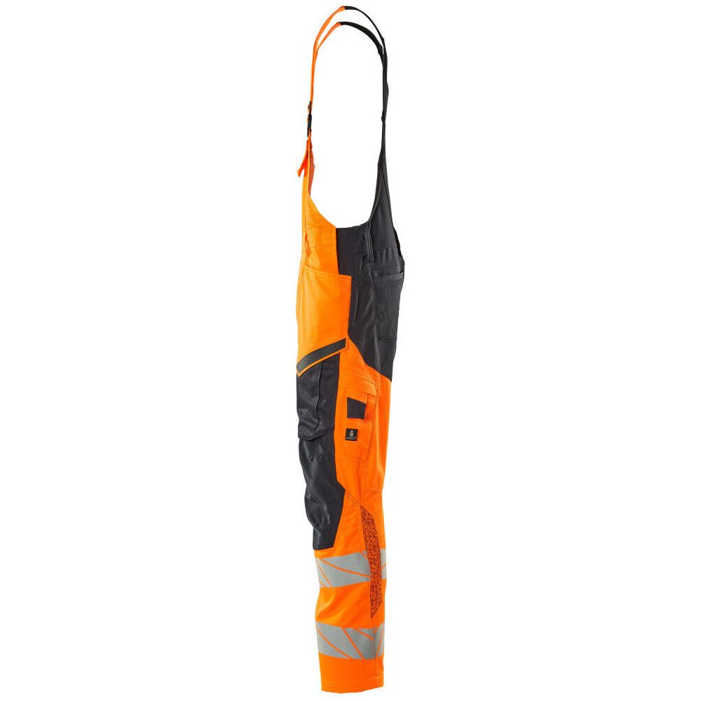 Mascot Hi-Vis Bib & Brace Kneepad Pockets Right #colour_hi-vis-orange-dark-navy-blue