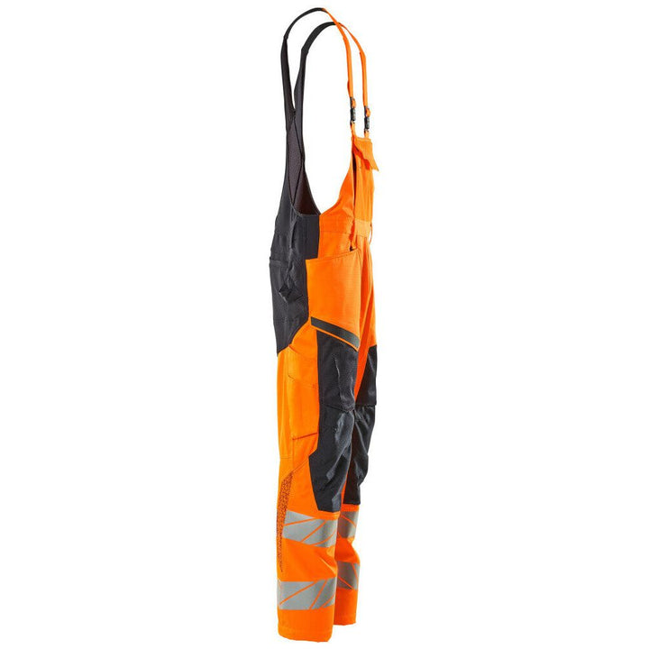 Mascot Hi-Vis Bib & Brace Kneepad Pockets Left #colour_hi-vis-orange-dark-navy-blue