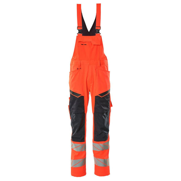 Mascot Hi-Vis Bib & Brace Kneepad Pockets Front #colour_hi-vis-red-dark-navy-blue