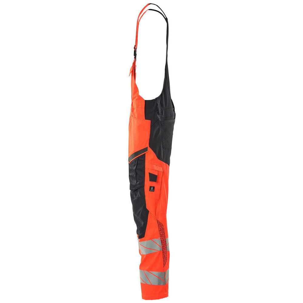 Mascot Hi-Vis Bib & Brace Kneepad Pockets Right #colour_hi-vis-red-dark-navy-blue