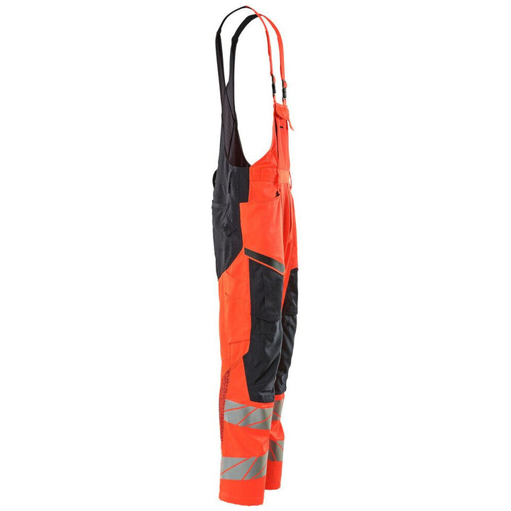 Mascot Hi-Vis Bib & Brace Kneepad Pockets Left #colour_hi-vis-red-dark-navy-blue