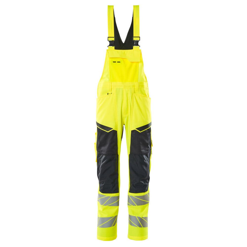 Mascot Hi-Vis Bib & Brace Kneepad Pockets Front #colour_hi-vis-yellow-dark-navy-blue