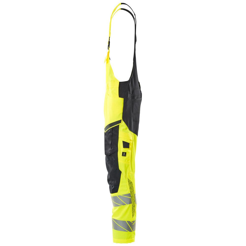 Mascot Hi-Vis Bib & Brace Kneepad Pockets Right #colour_hi-vis-yellow-dark-navy-blue