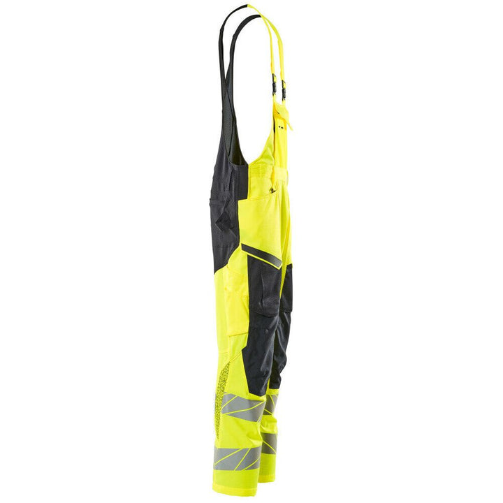 Mascot Hi-Vis Bib & Brace Kneepad Pockets Left #colour_hi-vis-yellow-dark-navy-blue