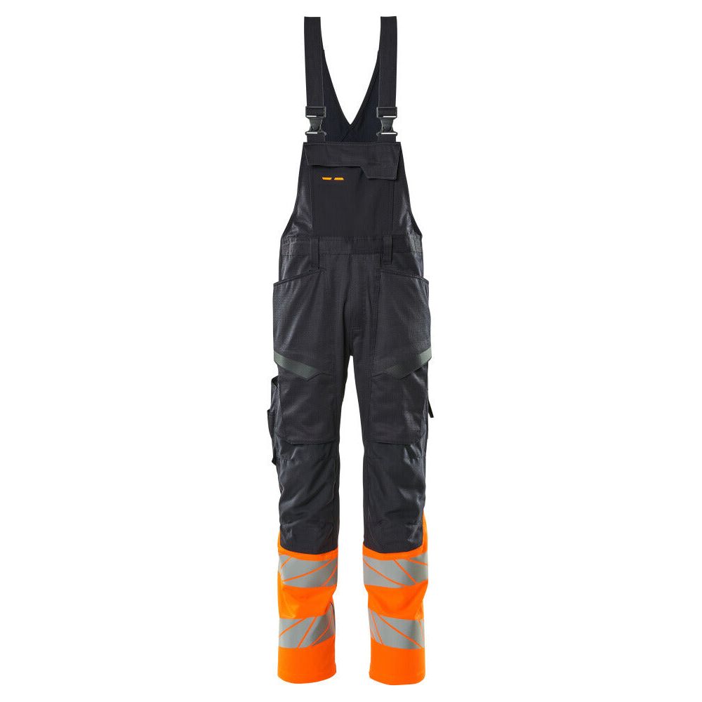 Mascot Hi-Vis Bib & Brace Kneepad Pockets Front #colour_dark-navy-blue-hi-vis-orange