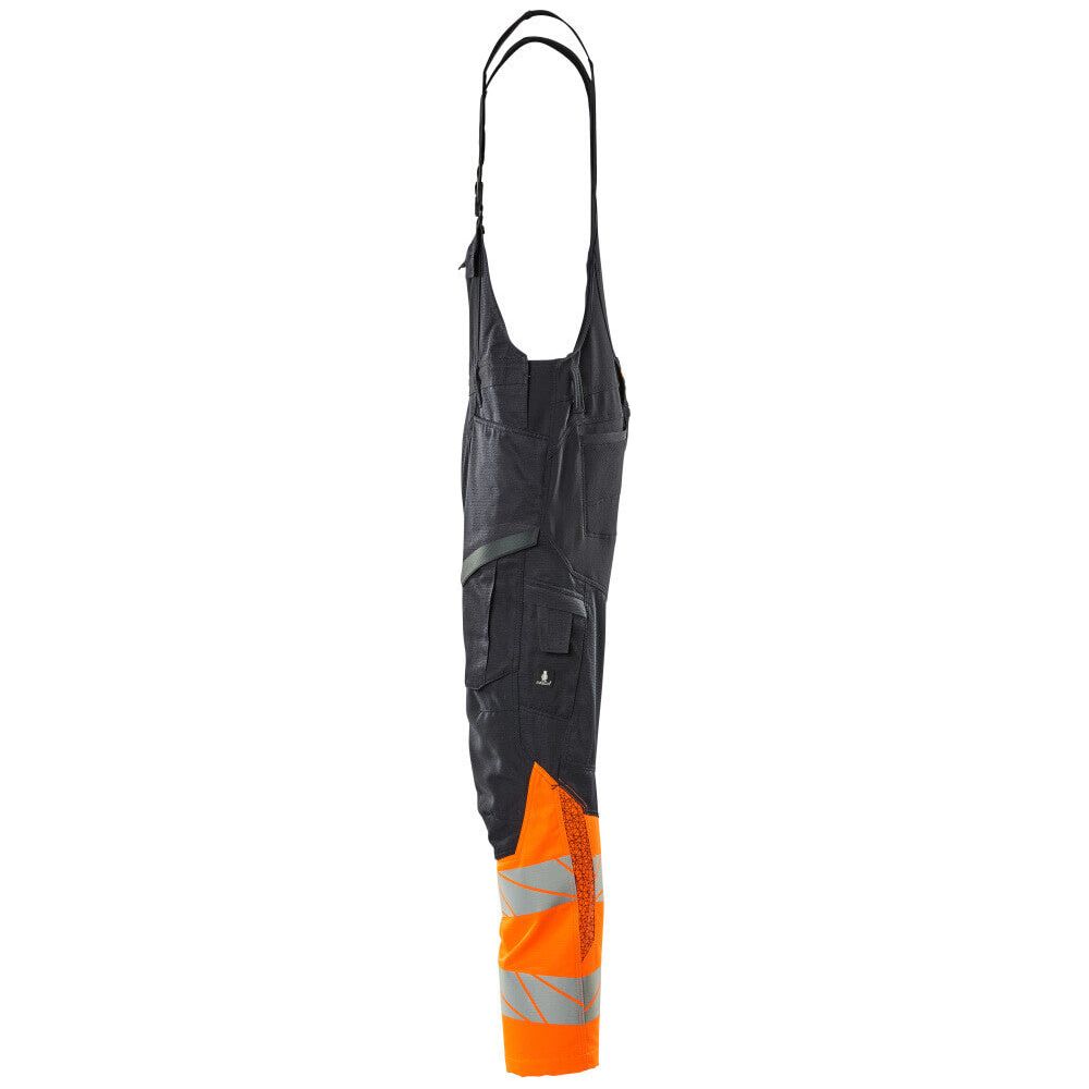 Mascot Hi-Vis Bib & Brace Kneepad Pockets Right #colour_dark-navy-blue-hi-vis-orange