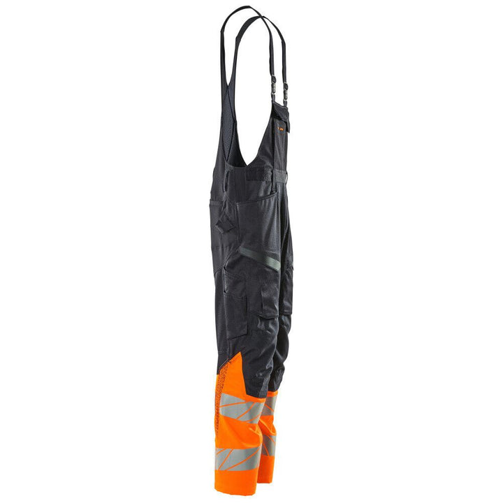 Mascot Hi-Vis Bib & Brace Kneepad Pockets Left #colour_dark-navy-blue-hi-vis-orange