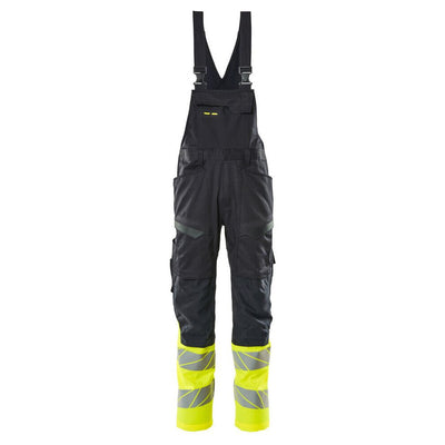 Mascot Hi-Vis Bib & Brace Kneepad Pockets Front #colour_dark-navy-blue-hi-vis-yellow