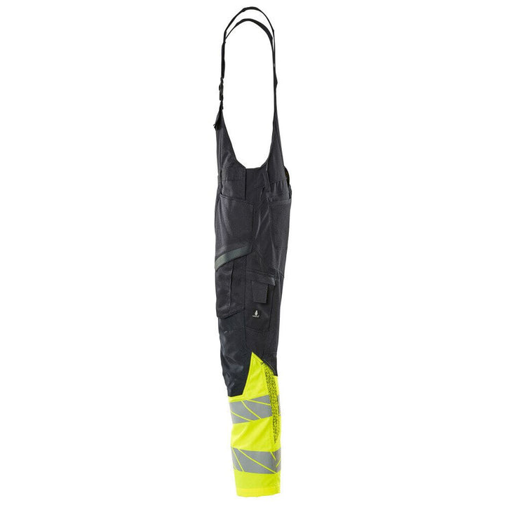 Mascot Hi-Vis Bib & Brace Kneepad Pockets Right #colour_dark-navy-blue-hi-vis-yellow