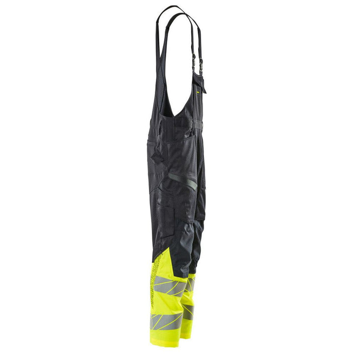 Mascot Hi-Vis Bib & Brace Kneepad Pockets Left #colour_dark-navy-blue-hi-vis-yellow