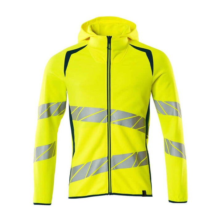 Mascot Hi-Vis Hoodie with zipper 19284-781 Front #colour_hi-vis-yellow-dark-petroleum