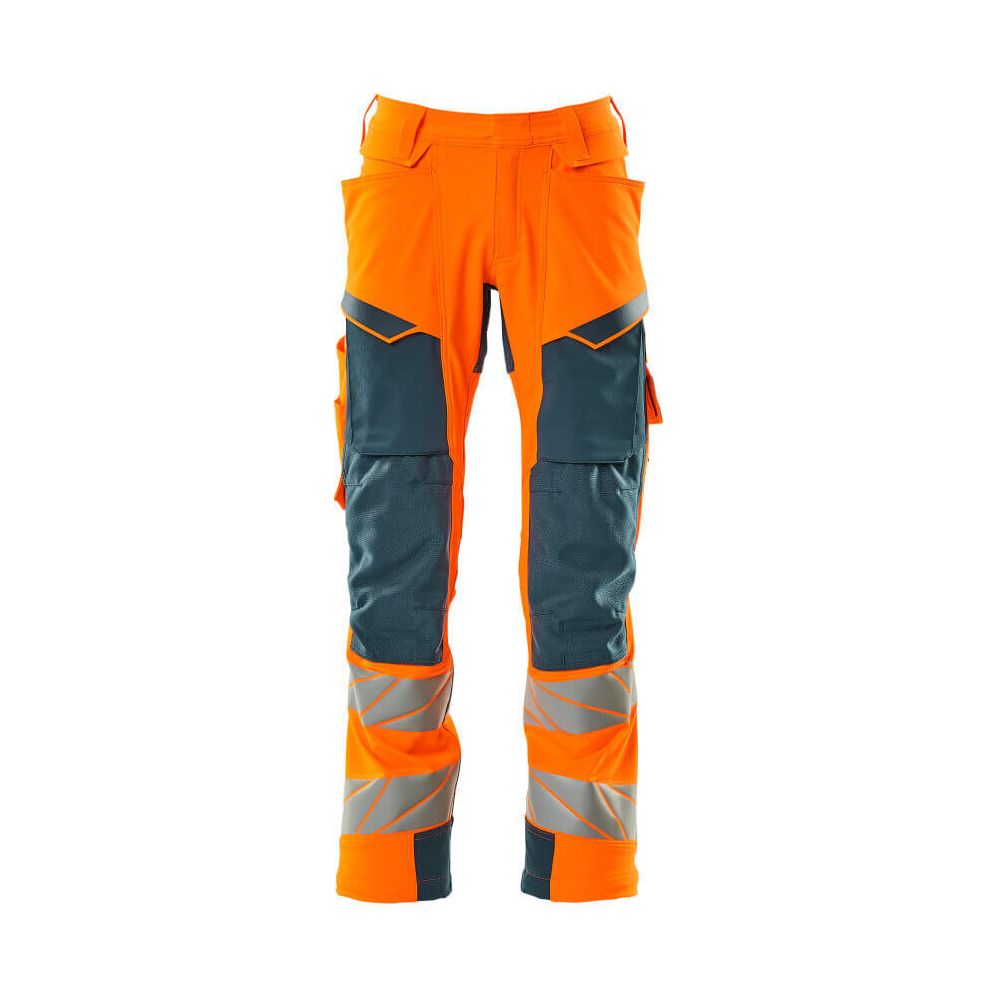 Mascot Hi-Vis Kneepad Trousers with Stretch Front #colour_hi-vis-orange-dark-petroleum