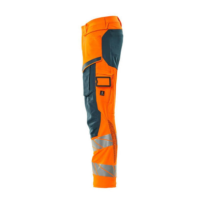 Mascot Hi-Vis Kneepad Trousers with Stretch Right #colour_hi-vis-orange-dark-petroleum