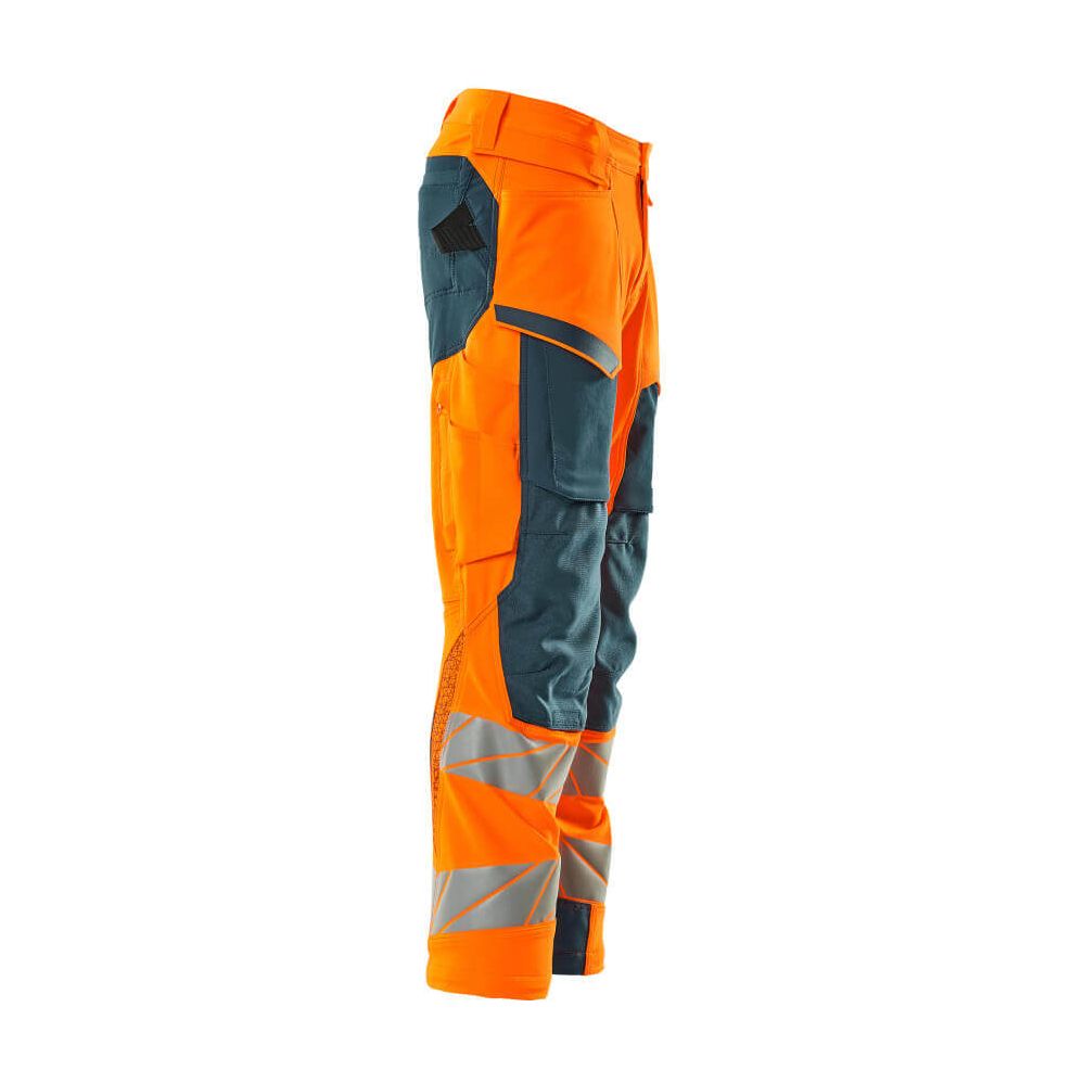 Mascot Hi-Vis Kneepad Trousers with Stretch Left #colour_hi-vis-orange-dark-petroleum