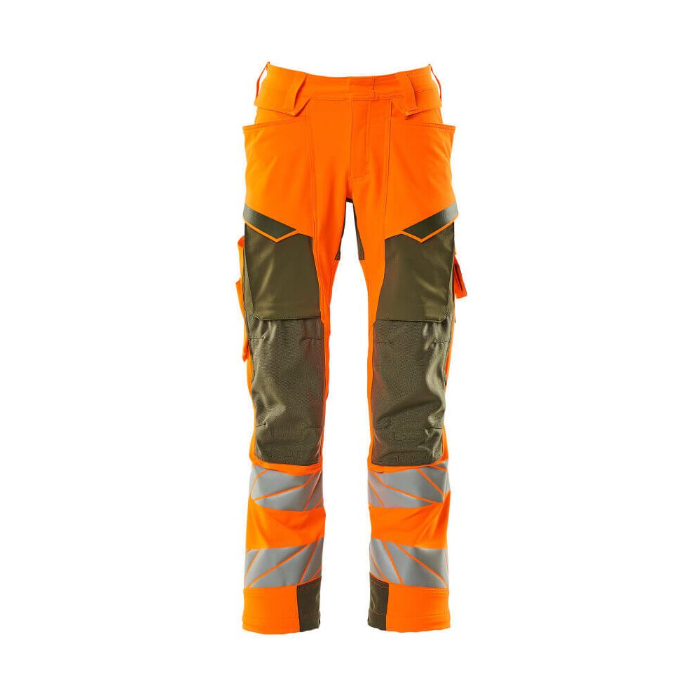 Mascot Hi-Vis Kneepad Trousers with Stretch Front #colour_hi-vis-orange-moss-green