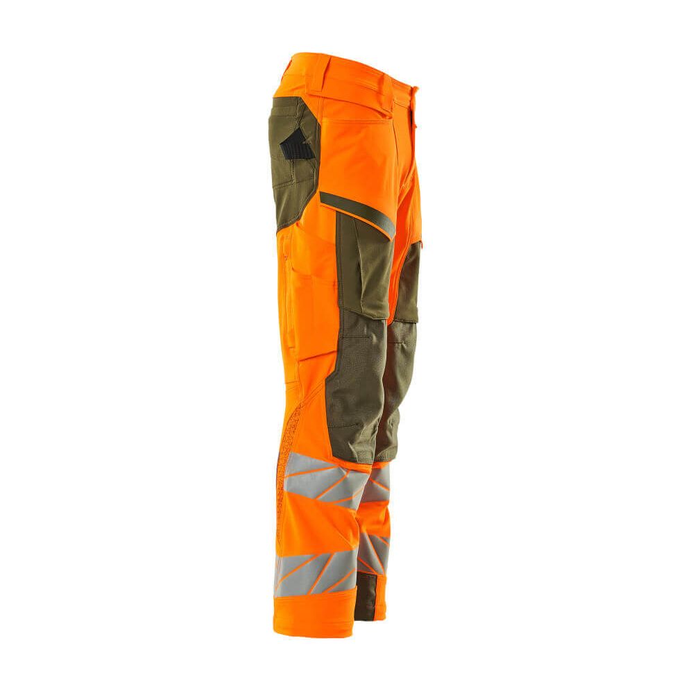 Mascot Hi-Vis Kneepad Trousers with Stretch Left #colour_hi-vis-orange-moss-green