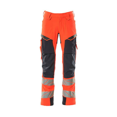 Mascot Hi-Vis Kneepad Trousers with Stretch Front #colour_hi-vis-red-dark-navy-blue