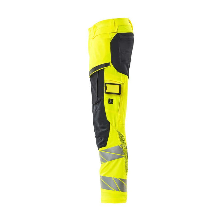 Mascot Hi-Vis Kneepad Trousers with Stretch Right #colour_hi-vis-yellow-dark-navy-blue