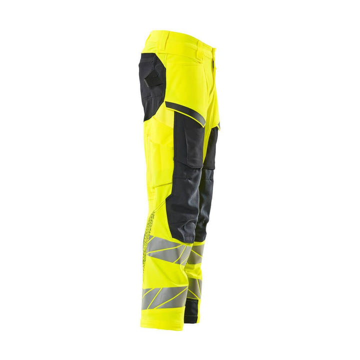 Mascot Hi-Vis Kneepad Trousers with Stretch Left #colour_hi-vis-yellow-dark-navy-blue