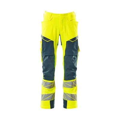 Mascot Hi-Vis Kneepad Trousers with Stretch Front #colour_hi-vis-yellow-dark-petroleum