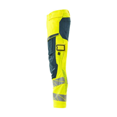 Mascot Hi-Vis Kneepad Trousers with Stretch Right #colour_hi-vis-yellow-dark-petroleum