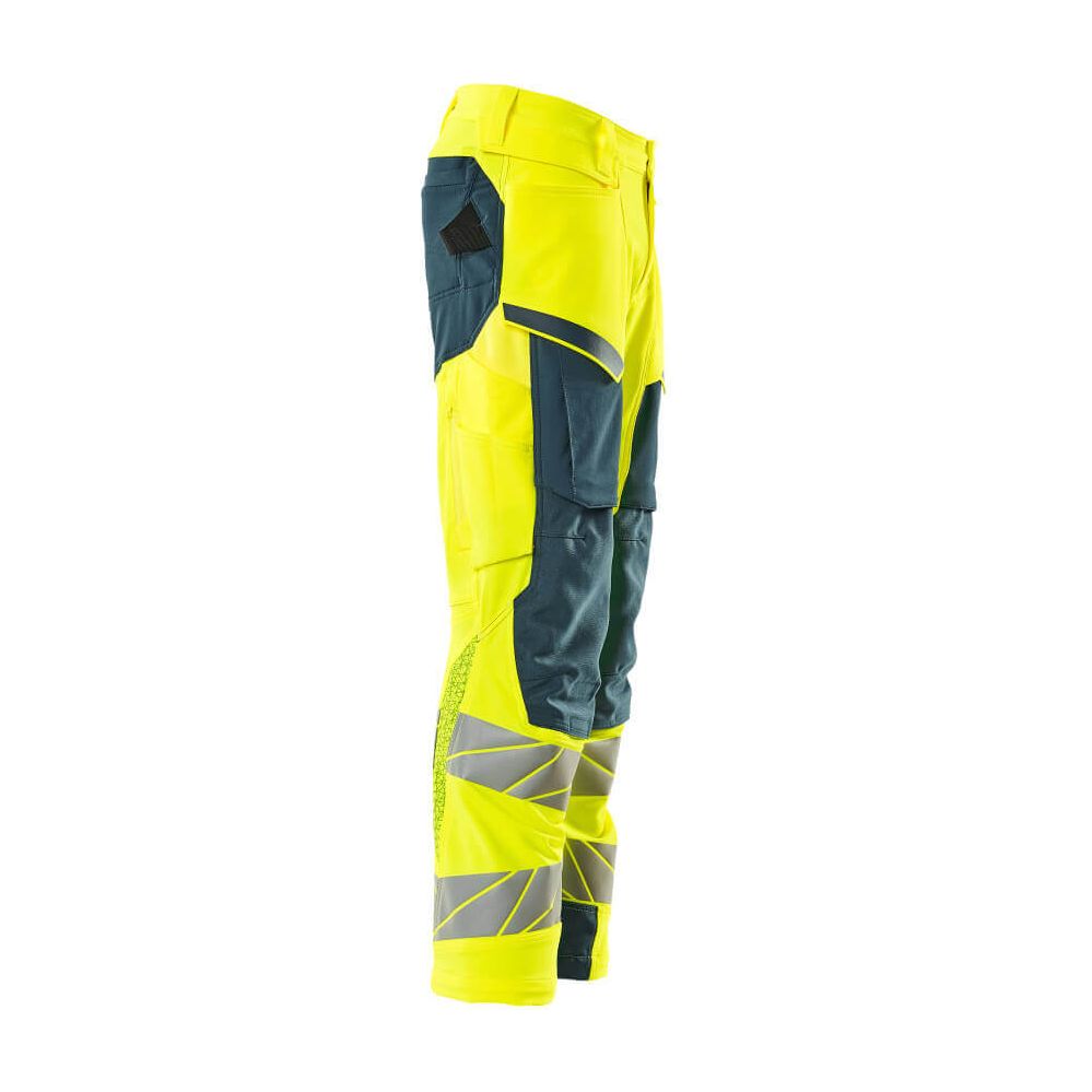 Mascot Hi-Vis Kneepad Trousers with Stretch Left #colour_hi-vis-yellow-dark-petroleum