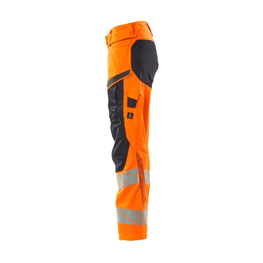 Mascot Hi-Vis Kneepad Trousers with Stretch Right #colour_hi-vis-orange-dark-navy-blue