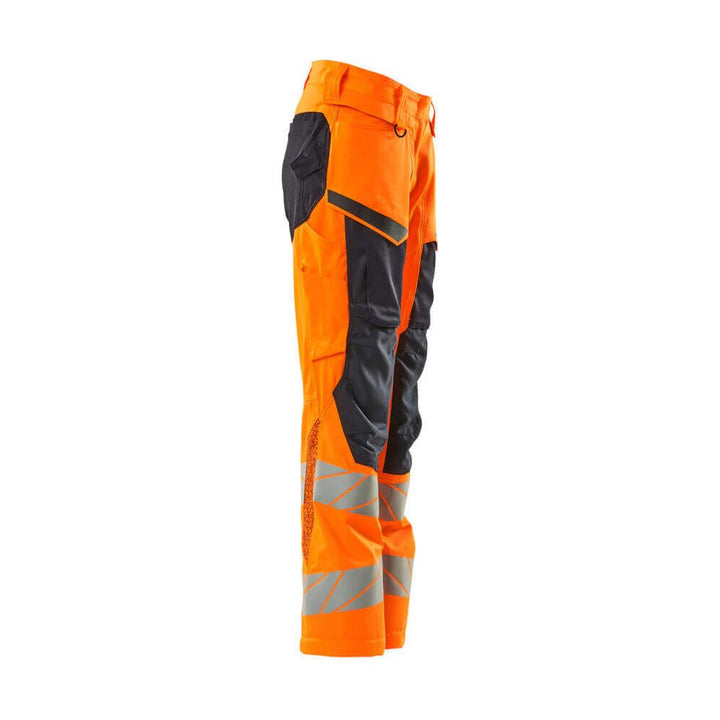 Mascot Hi-Vis Kneepad Trousers with Stretch Left #colour_hi-vis-orange-dark-navy-blue