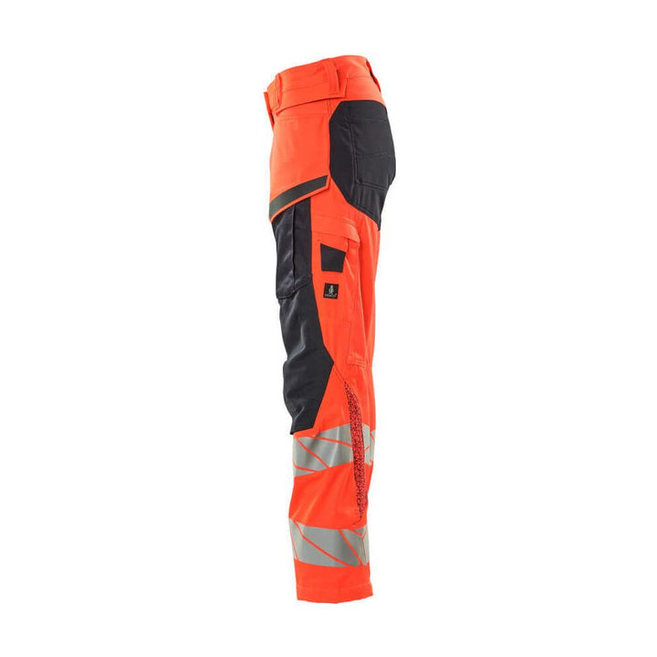 Mascot Hi-Vis Kneepad Trousers with Stretch Right #colour_hi-vis-red-dark-navy-blue