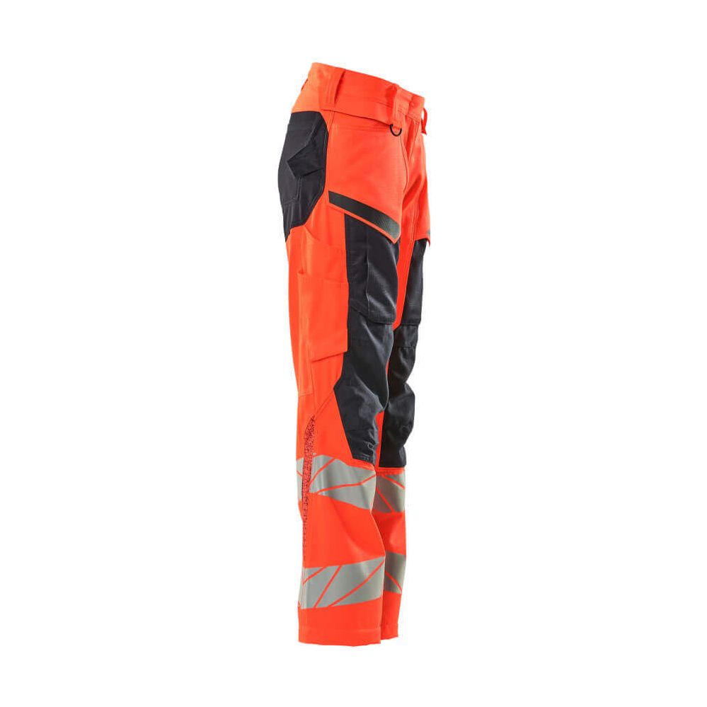 Mascot Hi-Vis Kneepad Trousers with Stretch Left #colour_hi-vis-red-dark-navy-blue