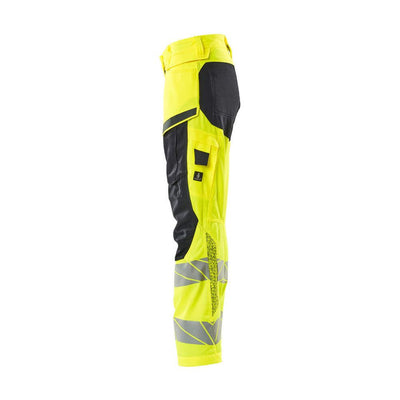 Mascot Hi-Vis Kneepad Trousers with Stretch Right #colour_hi-vis-yellow-dark-navy-blue