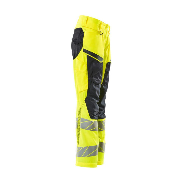 Mascot Hi-Vis Kneepad Trousers with Stretch Left #colour_hi-vis-yellow-dark-navy-blue