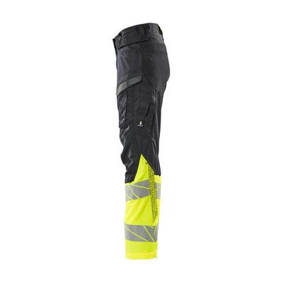 Mascot Hi-Vis Kneepad Trousers with Stretch Right #colour_dark-navy-blue-hi-vis-yellow
