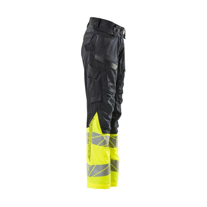 Mascot Hi-Vis Kneepad Trousers with Stretch Left #colour_dark-navy-blue-hi-vis-yellow