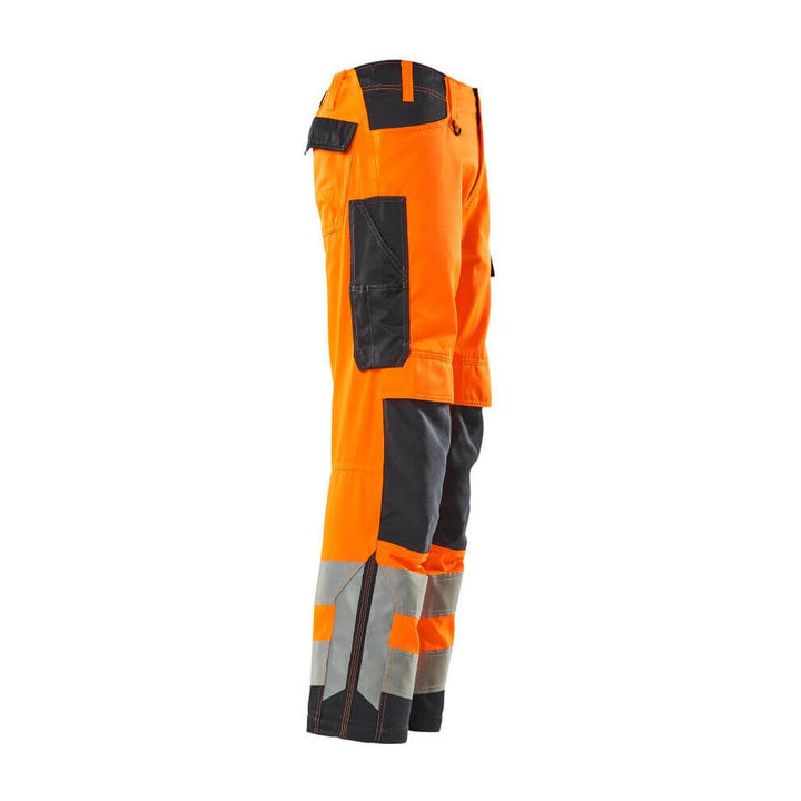 Mascot Hi-Vis Trousers Kneepad 20879-236 Left #colour_hi-vis-orange-dark-navy-blue