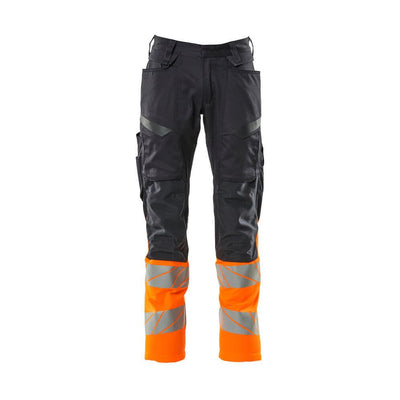 Mascot Hi-Vis Trousers Kneepad Pockets & Stretch Front #colour_dark-navy-blue-hi-vis-orange