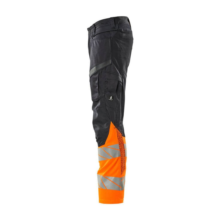 Mascot Hi-Vis Trousers Kneepad Pockets & Stretch Right #colour_dark-navy-blue-hi-vis-orange