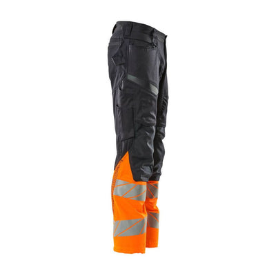 Mascot Hi-Vis Trousers Kneepad Pockets & Stretch Left #colour_dark-navy-blue-hi-vis-orange