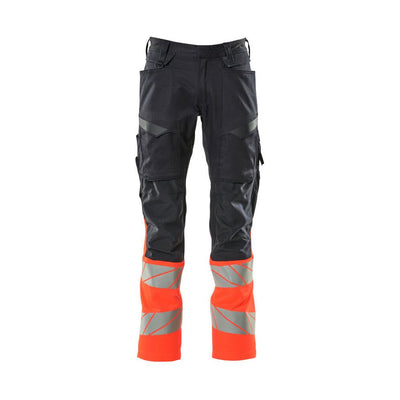 Mascot Hi-Vis Trousers Kneepad Pockets & Stretch Front #colour_dark-navy-blue-hi-vis-red