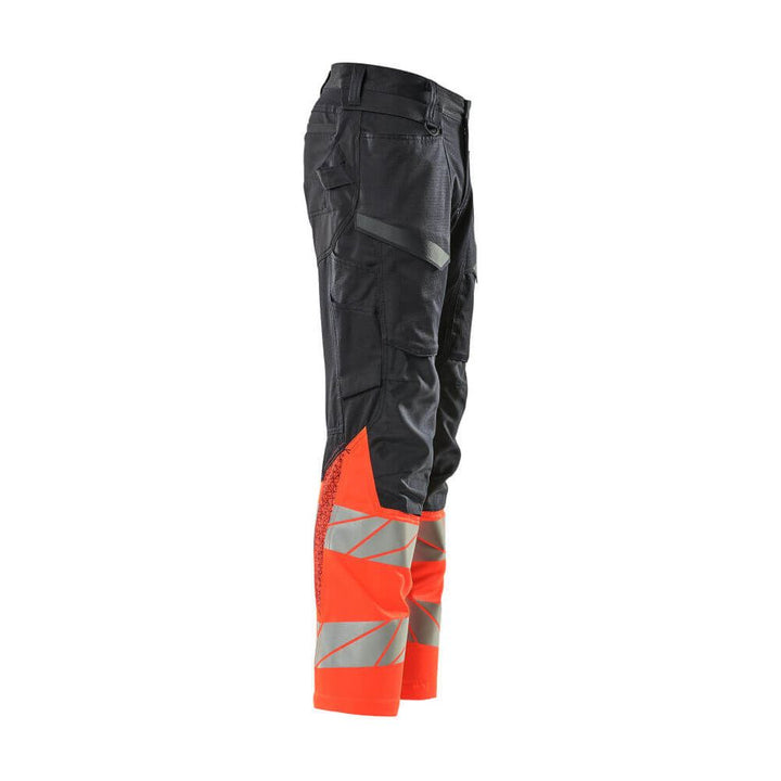 Mascot Hi-Vis Trousers Kneepad Pockets & Stretch Left #colour_dark-navy-blue-hi-vis-red