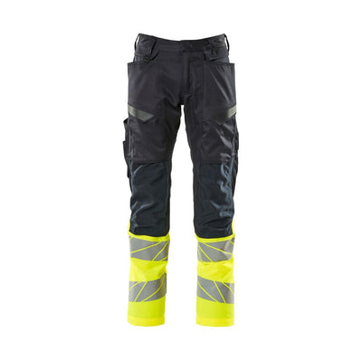 Mascot Hi-Vis Trousers Kneepad Pockets & Stretch Front #colour_dark-navy-blue-hi-vis-yellow