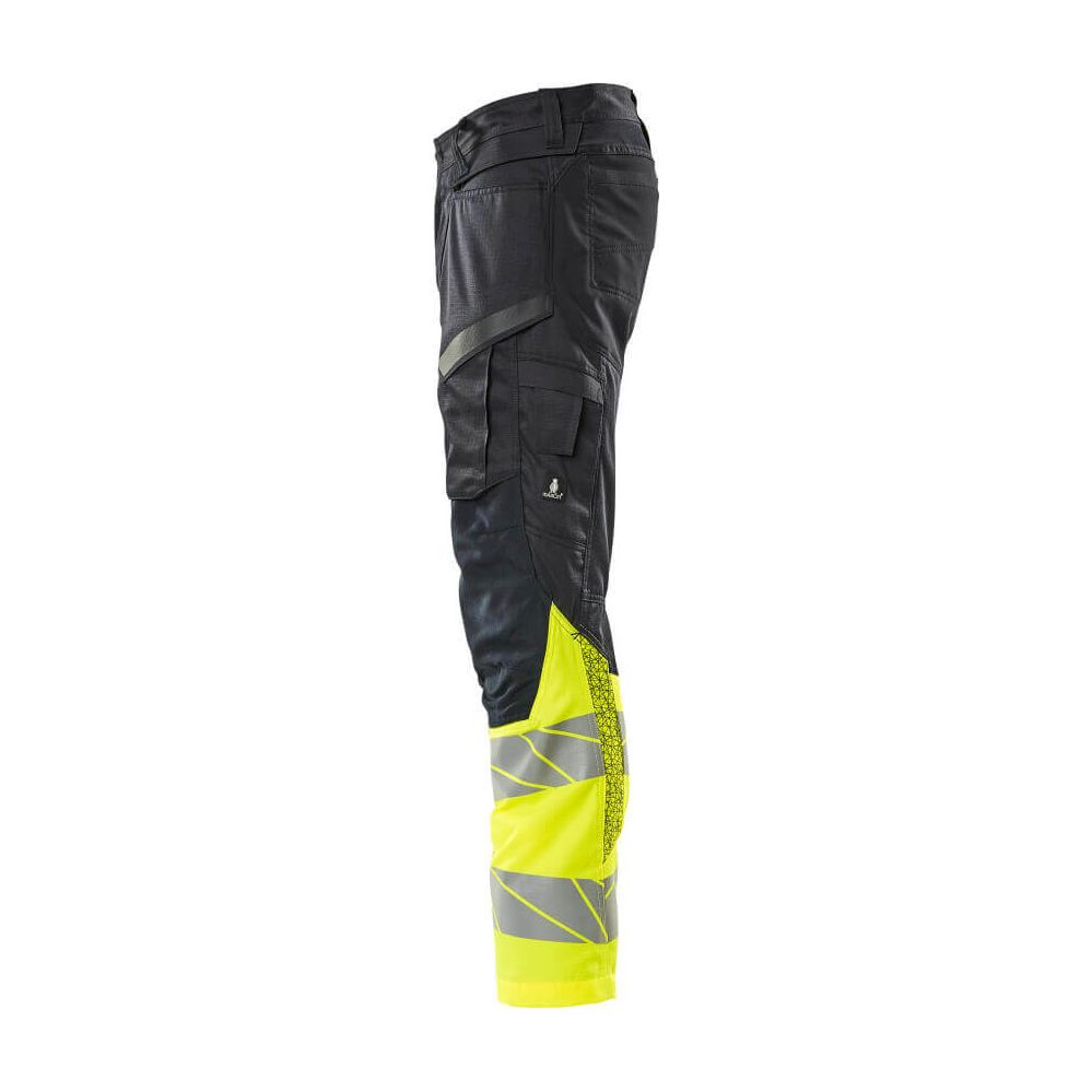 Mascot Hi-Vis Trousers Kneepad Pockets & Stretch Right #colour_dark-navy-blue-hi-vis-yellow