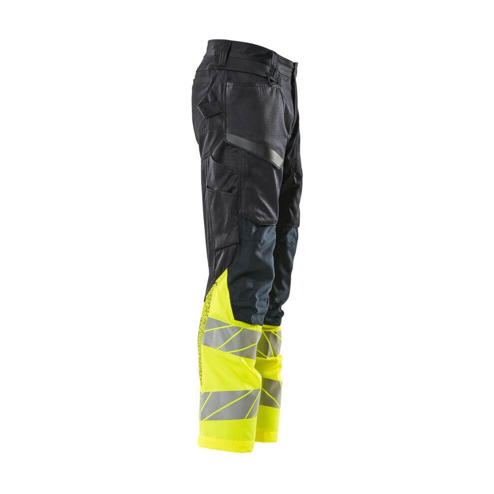 Mascot Hi-Vis Trousers Kneepad Pockets & Stretch Left #colour_dark-navy-blue-hi-vis-yellow