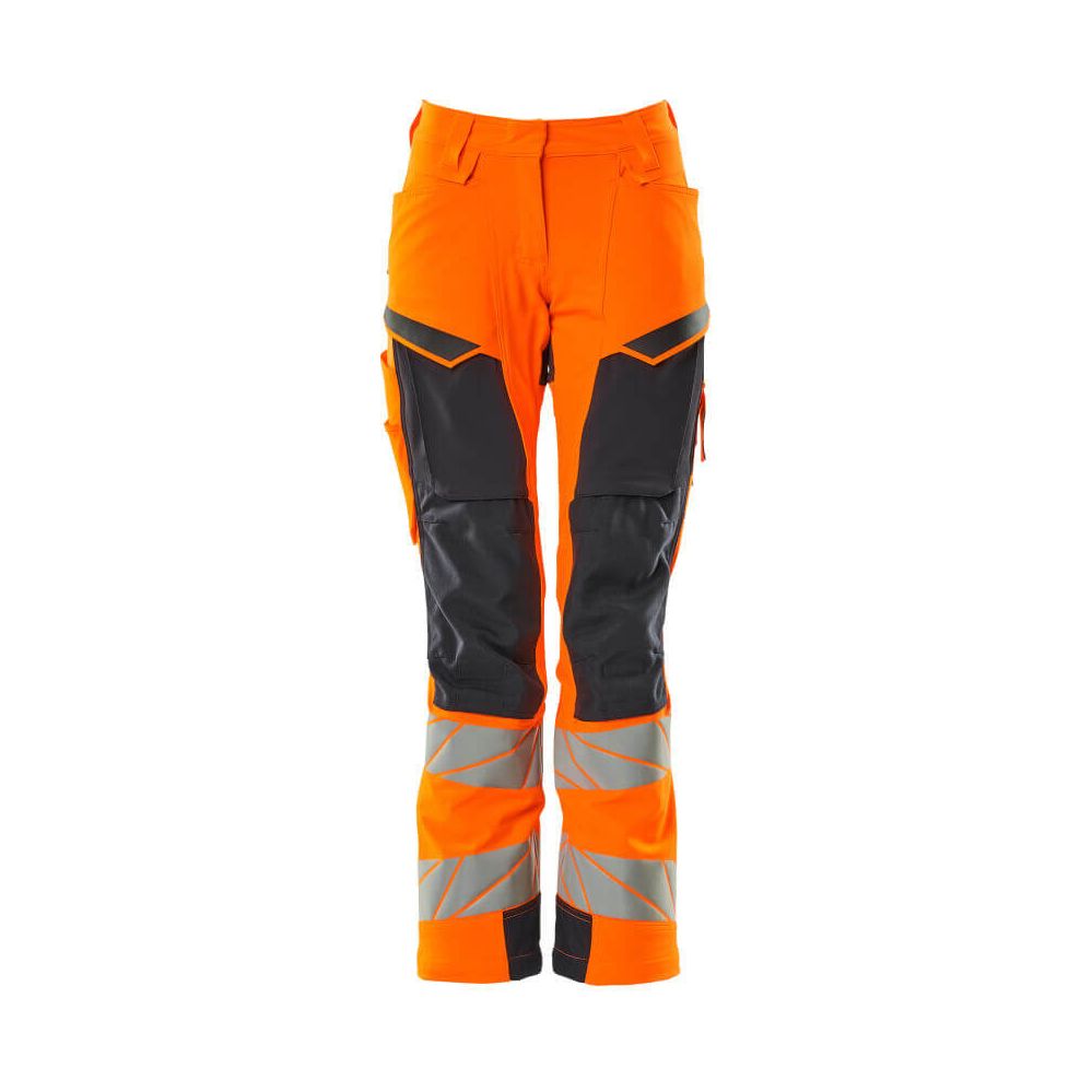Mascot Hi-Vis Trousers Kneepad Stretch Front #colour_hi-vis-orange-dark-navy-blue