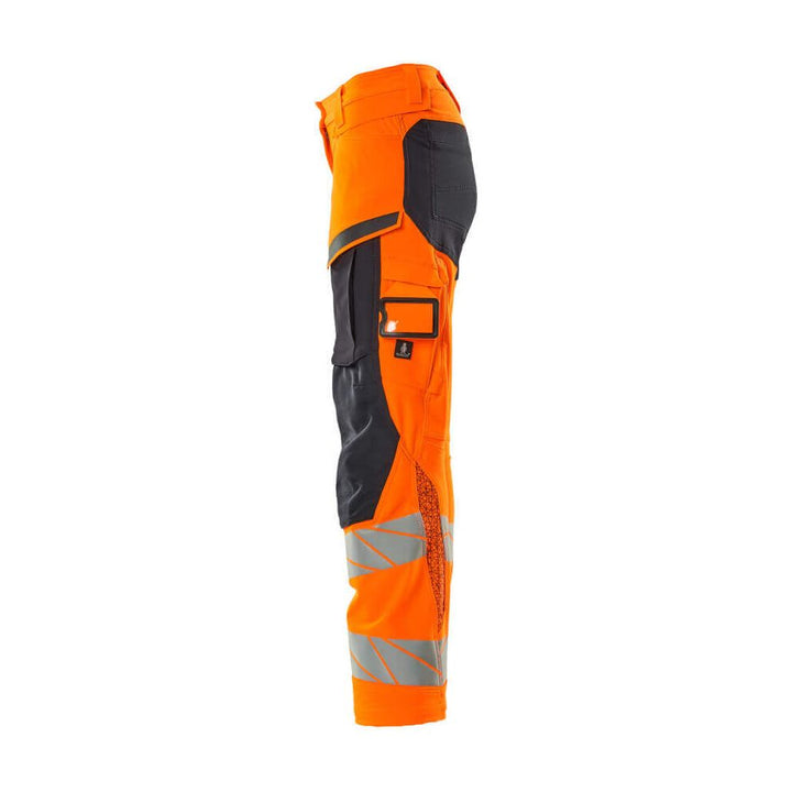 Mascot Hi-Vis Trousers Kneepad Stretch Right #colour_hi-vis-orange-dark-navy-blue