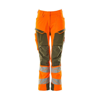 Mascot Hi-Vis Trousers Kneepad Stretch Front #colour_hi-vis-orange-moss-green