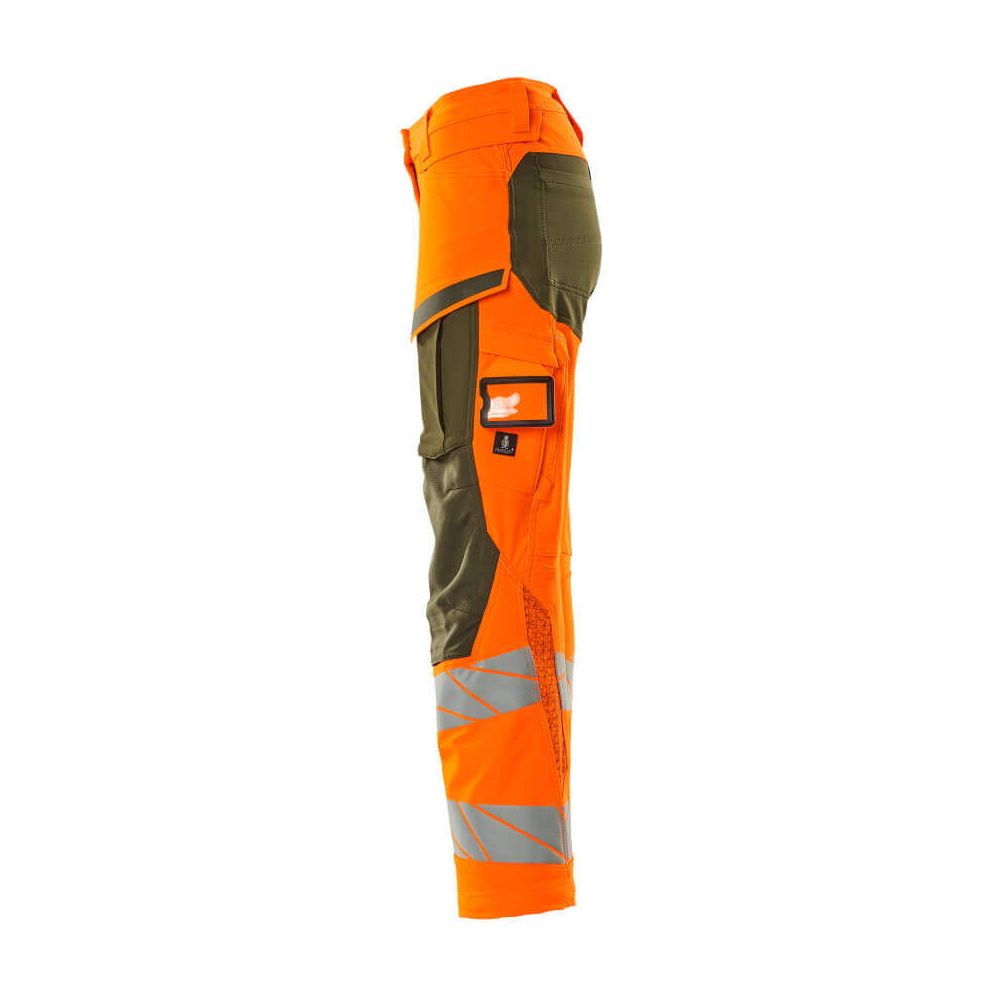 Mascot Hi-Vis Trousers Kneepad Stretch Right #colour_hi-vis-orange-moss-green