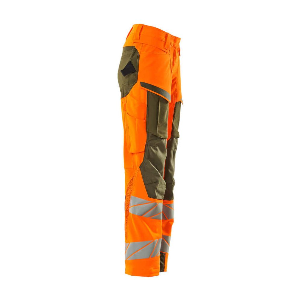 Mascot Hi-Vis Trousers Kneepad Stretch Left #colour_hi-vis-orange-moss-green