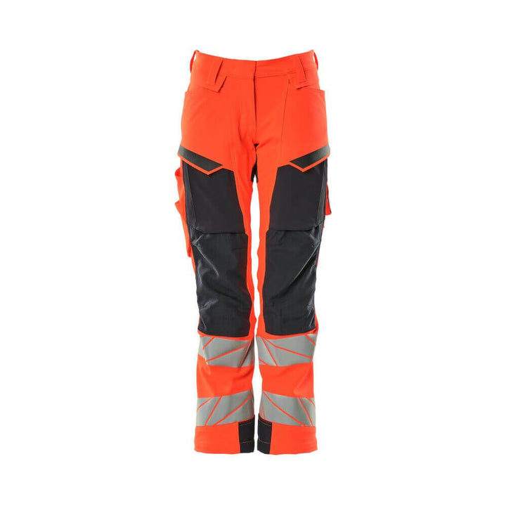 Mascot Hi-Vis Trousers Kneepad Stretch Front #colour_hi-vis-red-dark-navy-blue